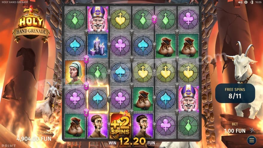 Free Spins bonus game with a frame and a holy hand grenade on the screen.