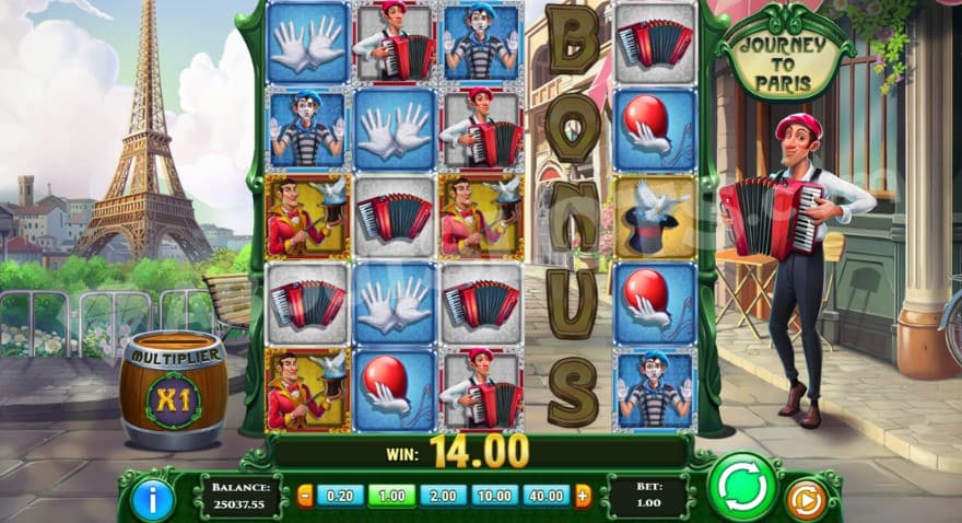 Bonus game activation with the fourth reel showing the word BONUS.