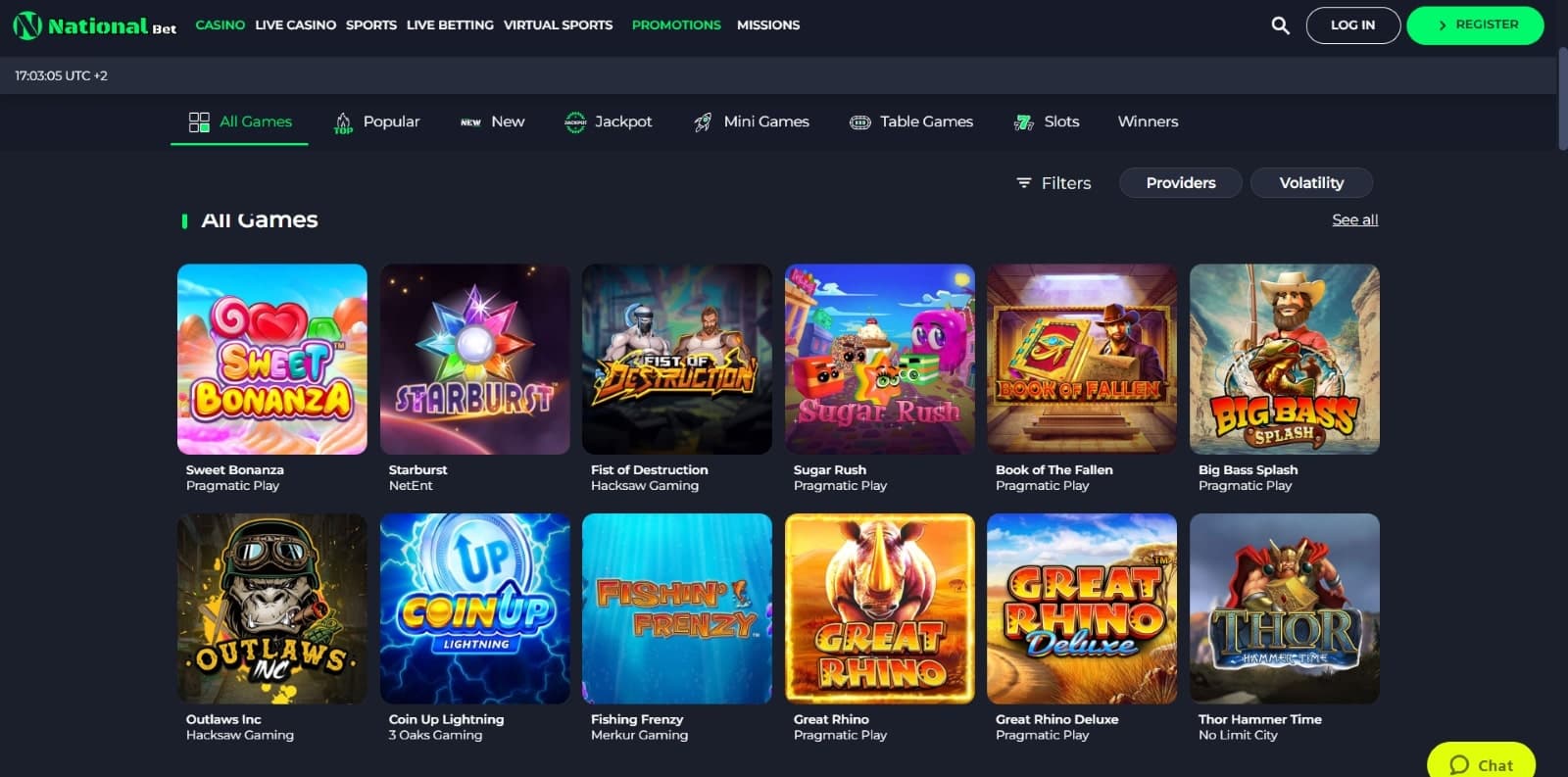 NationalBet Casino games page featuring all slot games such as Sweet Bonanza and Starburst