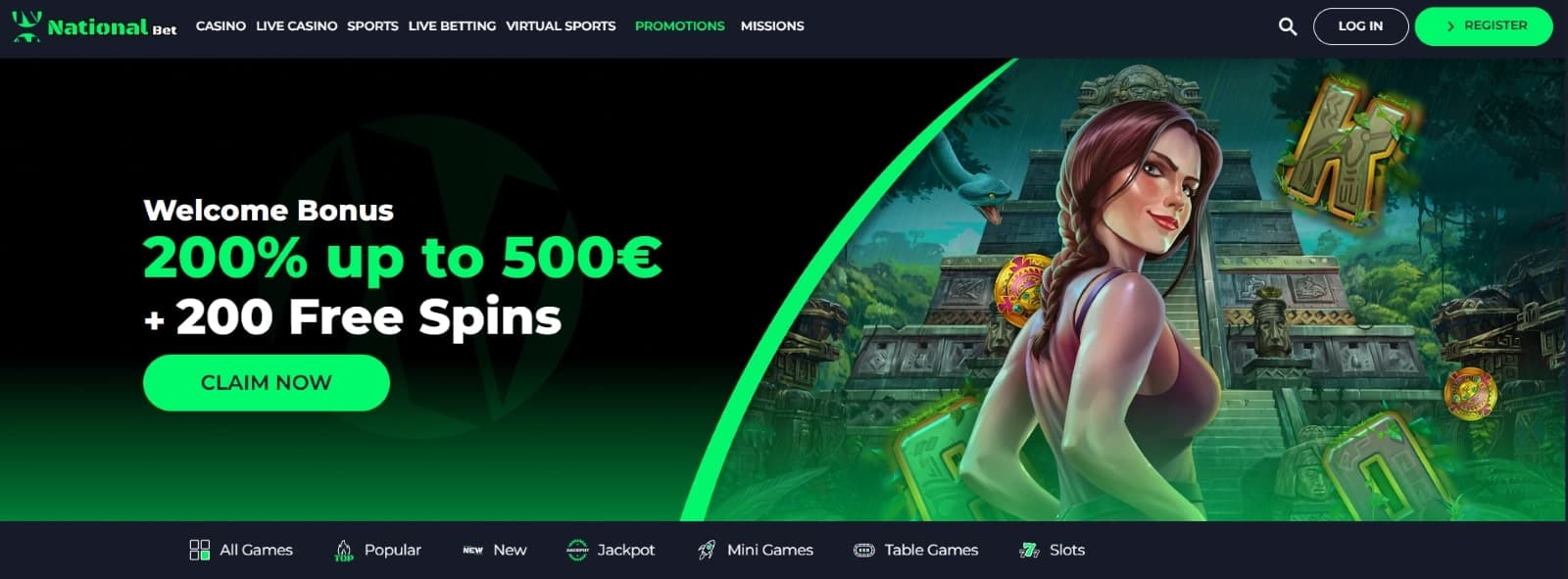 NationalBet Casino landing page featuring Lara Croft slot game character with 200% welcome bonus of 500 euro and 200 free spins