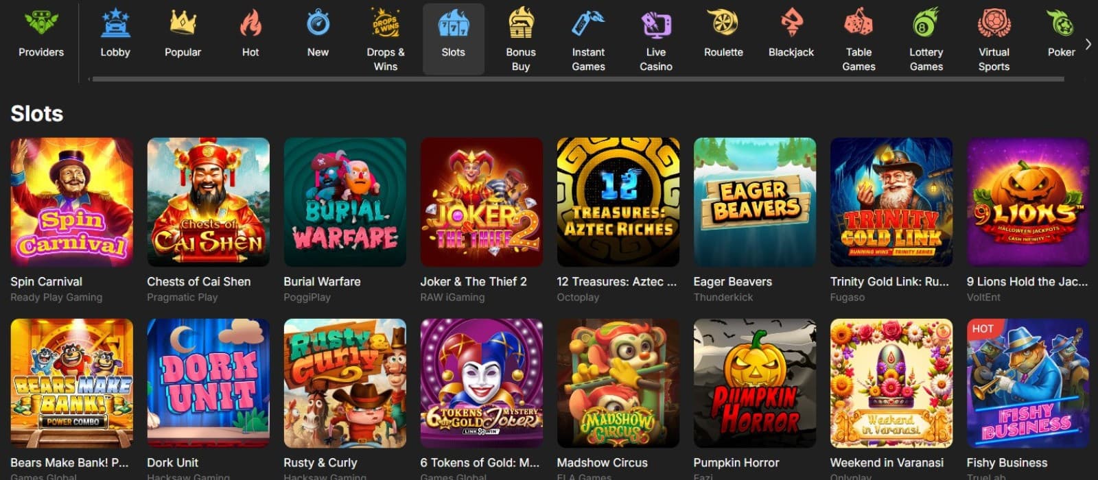 Need for Spin Casino's slot games category, showing titles such as 12 Coins and other games.