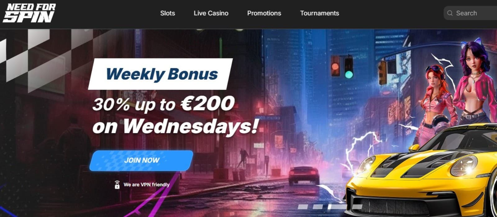 Need for Spin Casino's homepage, showing the weekly bonus worth 30% up to €200.