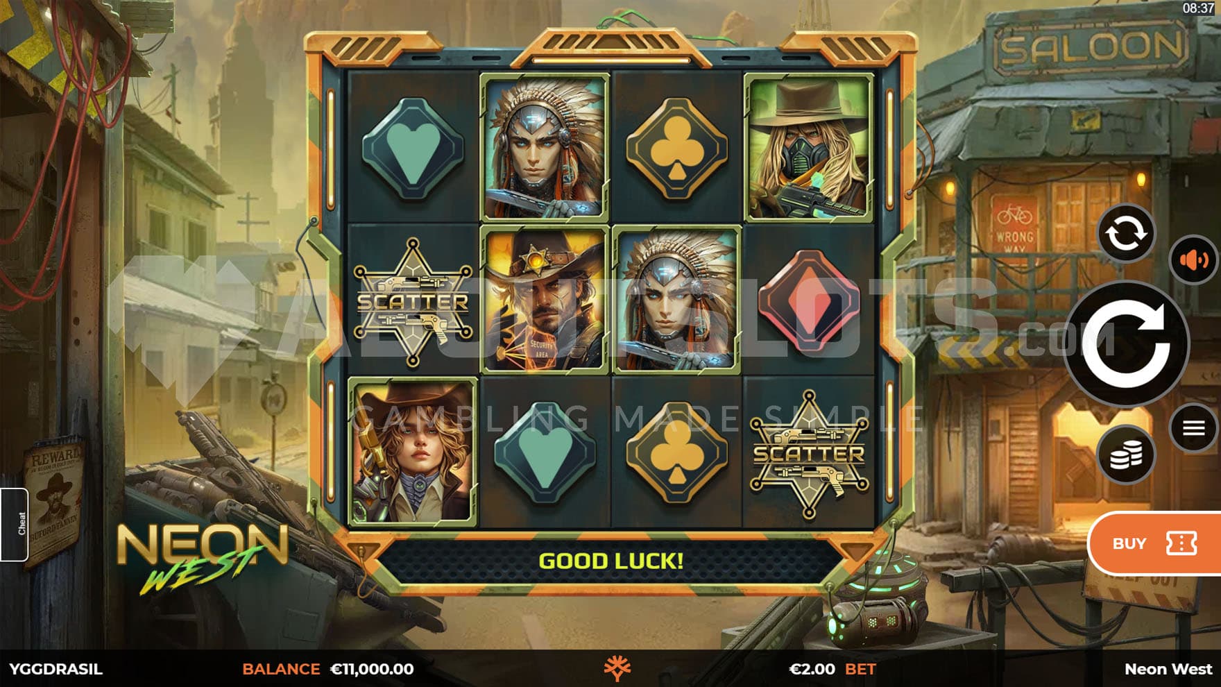 Base Game view of a 4x3 grid on a backdrop of a futuristic Western town.