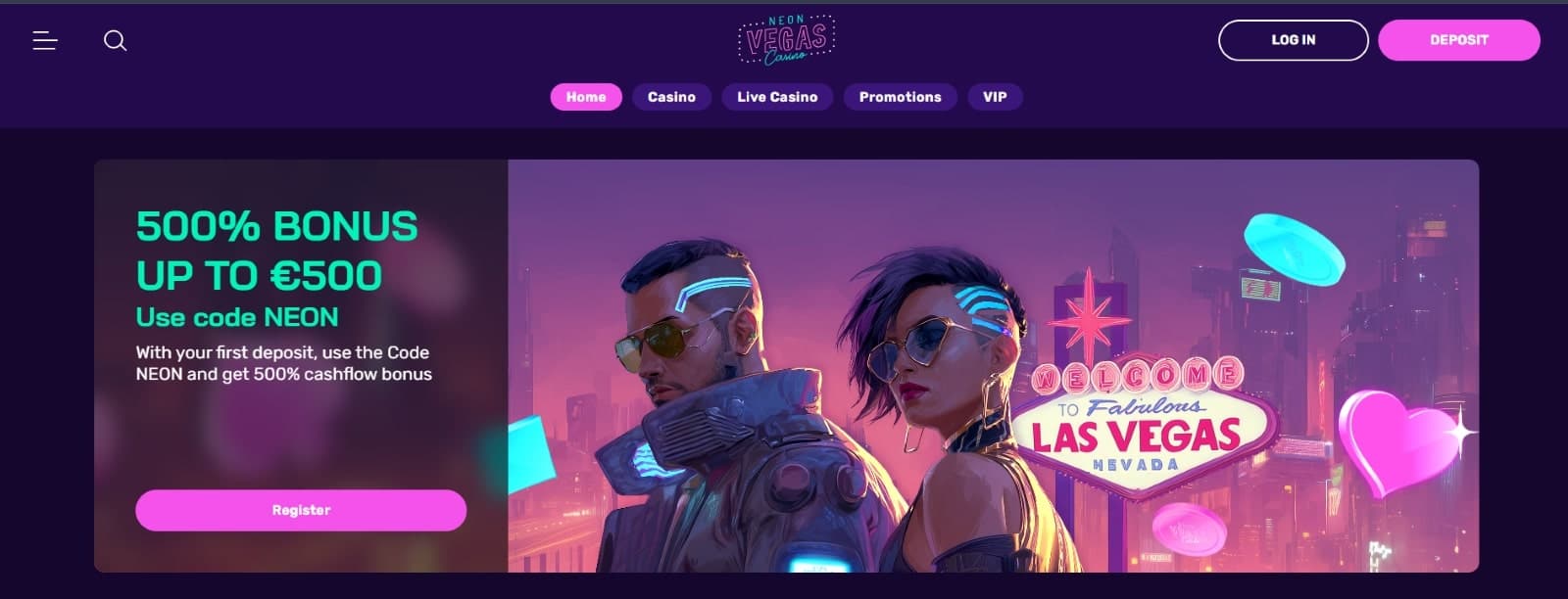 NeonVegas Casino landing page with the 500% welcome bonus of up to 500 euros and banner image with cyberpunk and neon aesthetics 