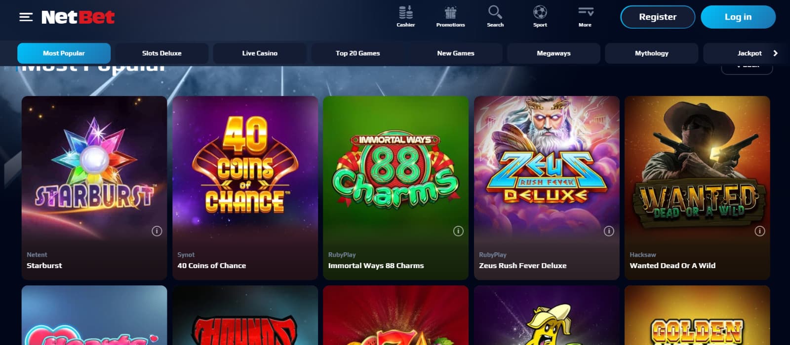 NetBet Casino games page with Zeus Deluxe, Wanted Dead or Alive slots 