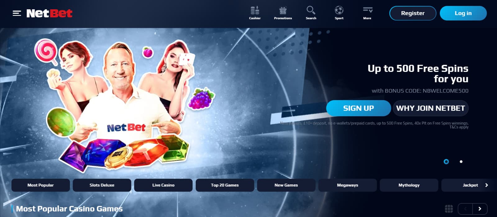 NetBet Casino Landing page with one guy with fruits and diamonds