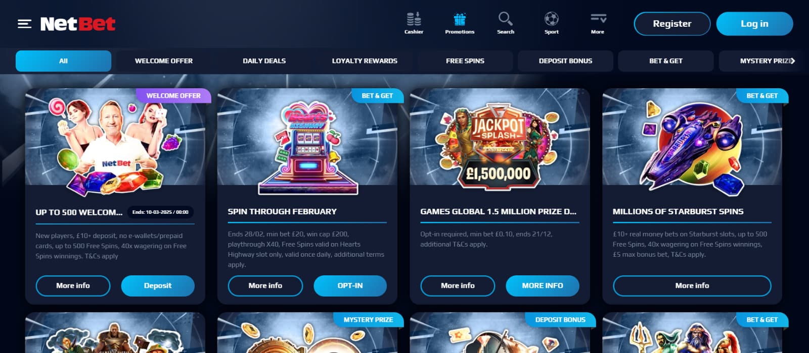 NetBet Casino promotions page with welcome bonus free spins, jackpot prizes