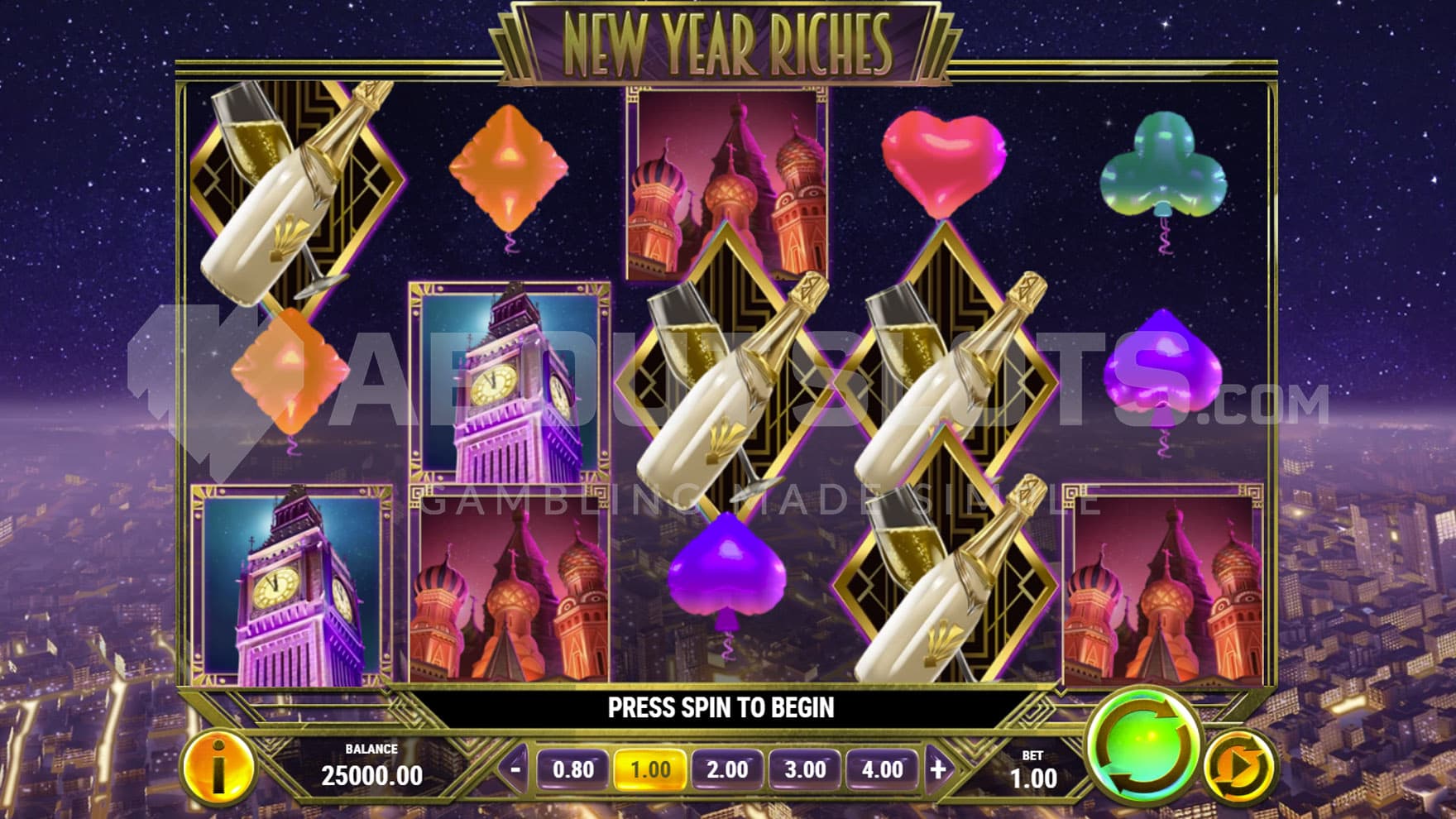 Base Game view of a 5x3 grid on a backdrop of a modern city under the night sky.