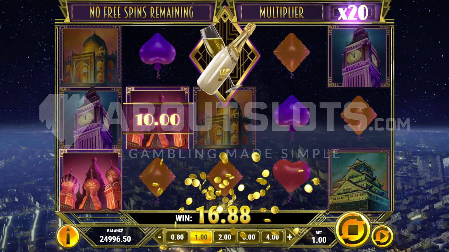 Free Spins bonus in progress, showing a win created with an x20 multiplier.