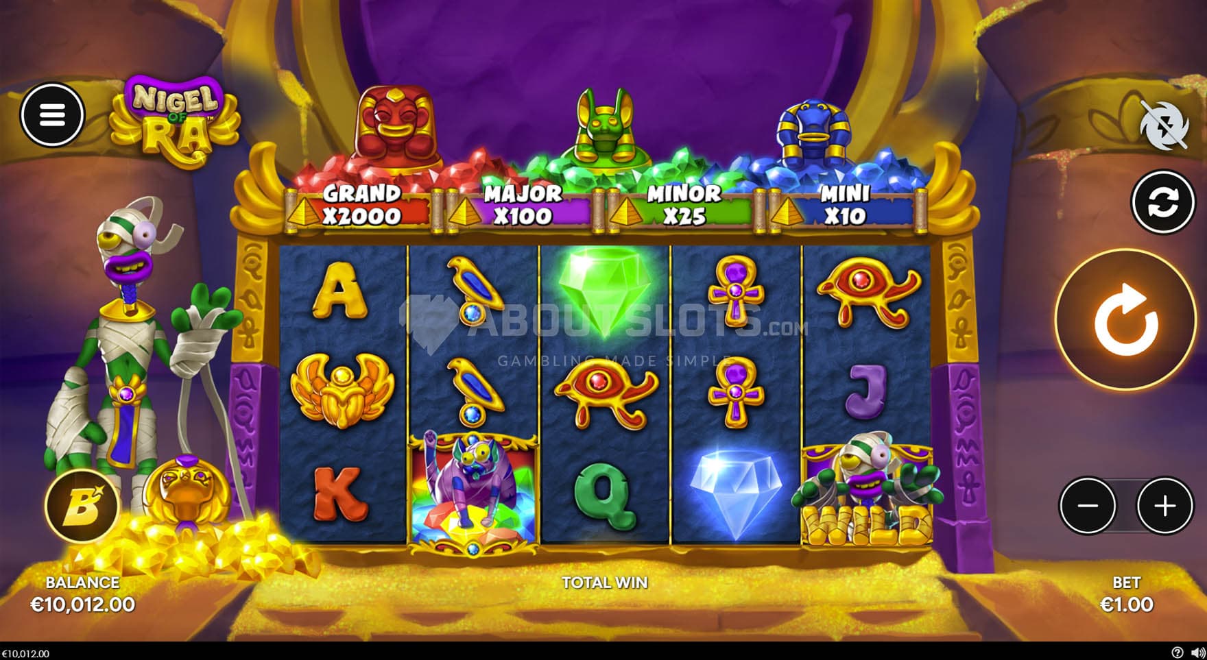 Screenshot of the base game, showing a 5x3 grid on a backdrop of an Egyptian tomb, with a mummy standing on the left.