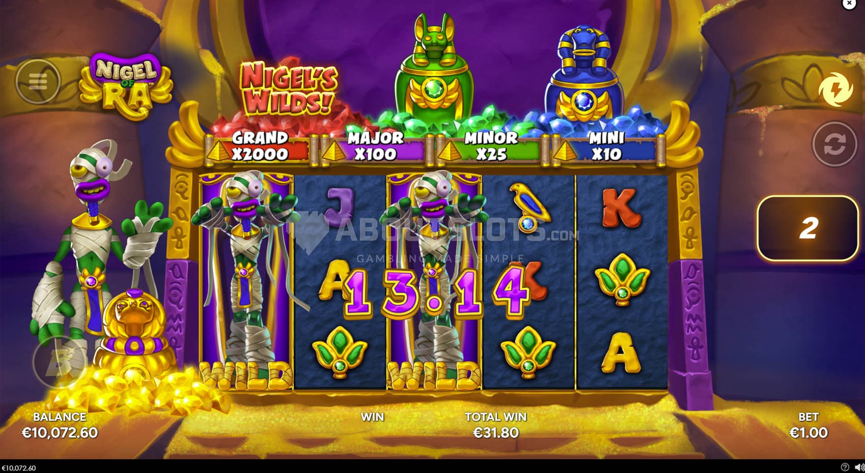 Screenshot of the Nigel's Wild bonus in progress, with two Expanding Wilds forming a win.