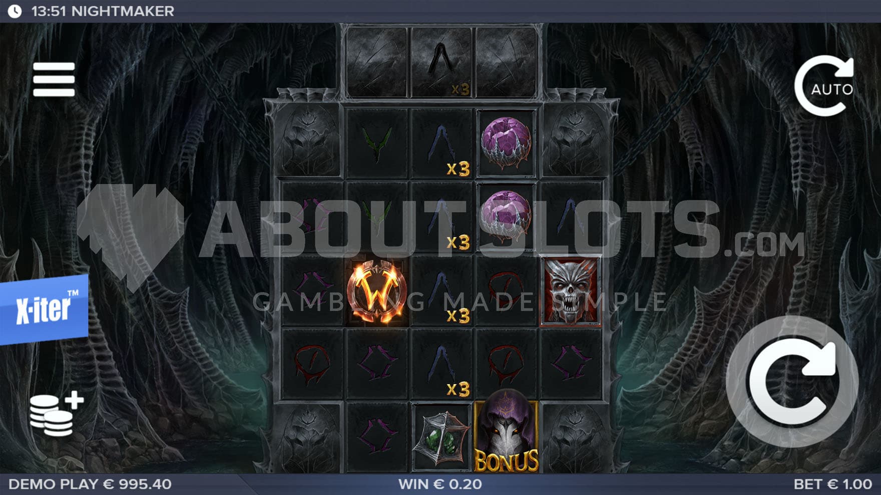 Base Game showing a 5-reel grid on a backdrop of a dark circular cave.