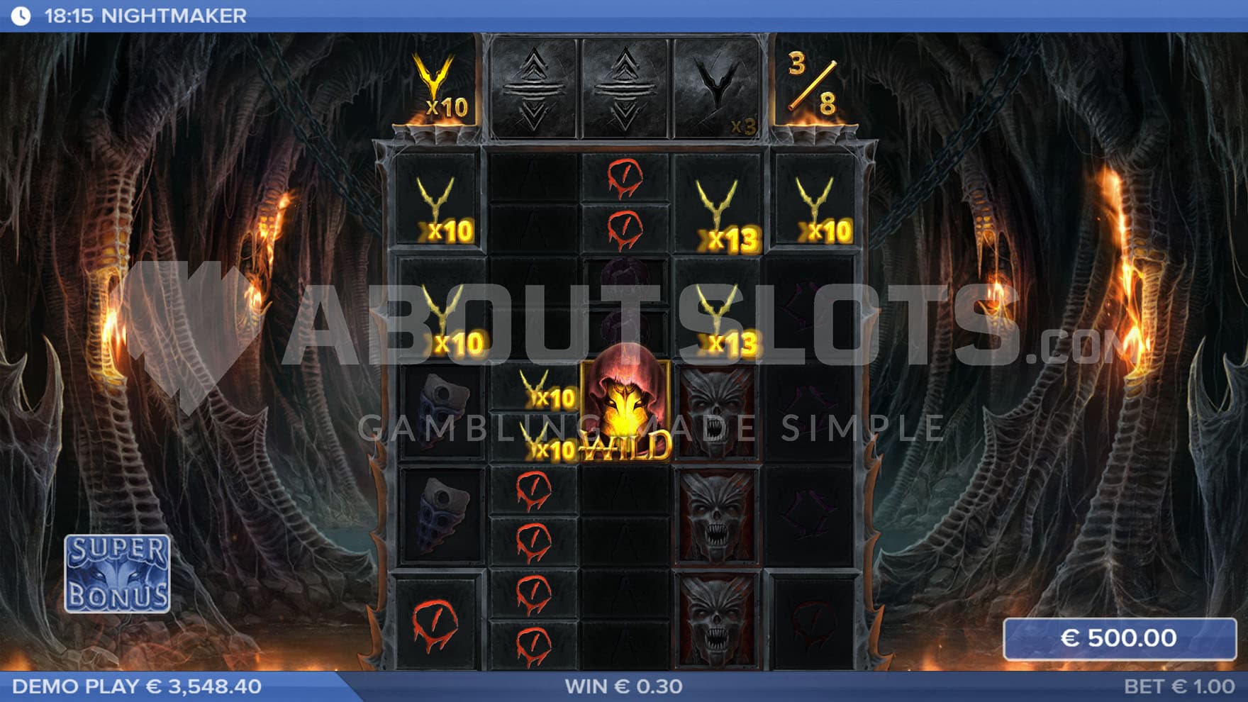 Free Spins bonus in progress, showing a win on numerous ways with high multipliers assigned to each symbol.