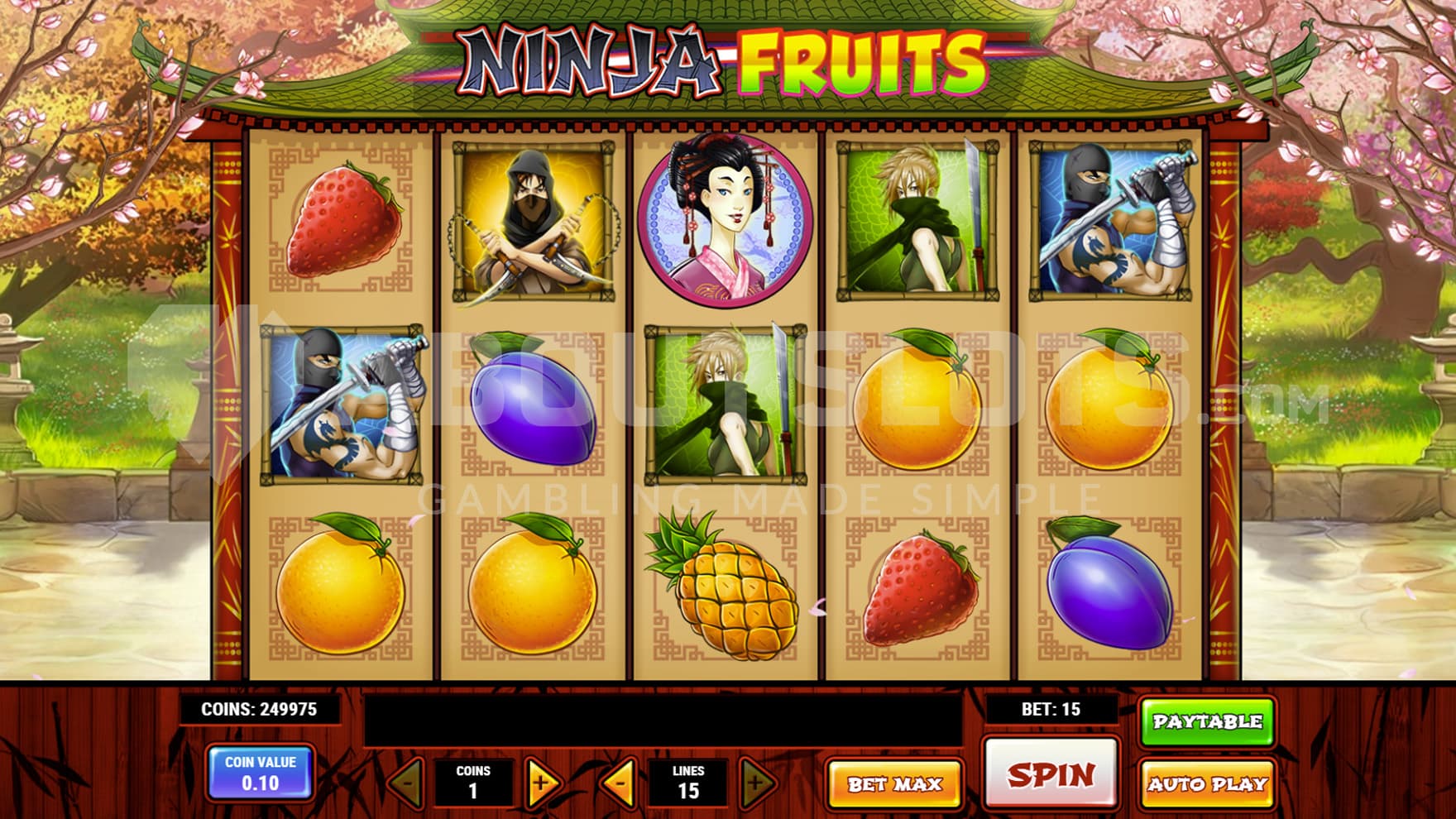 Base Game view of a 5x3 grid on a backdrop of a Japanese garden.