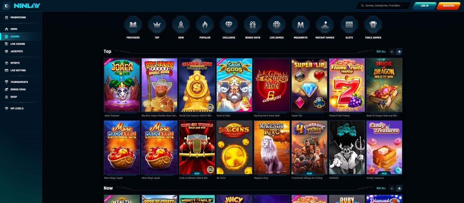 Ninlay casino games page with the top slots, game categories, and the main menu to the left. 