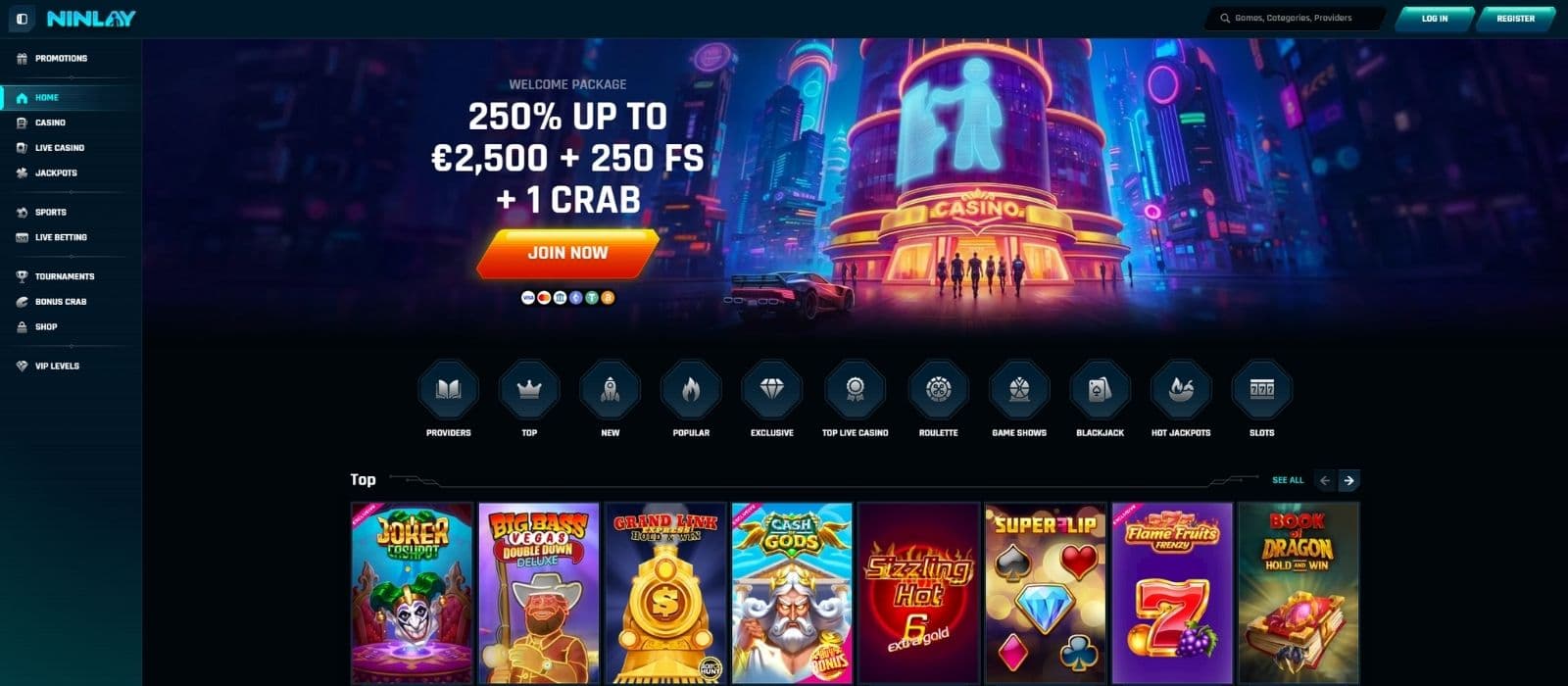 Ninlay Casino landing page showing the bonus offer, game categories, and a few selected casino games. 