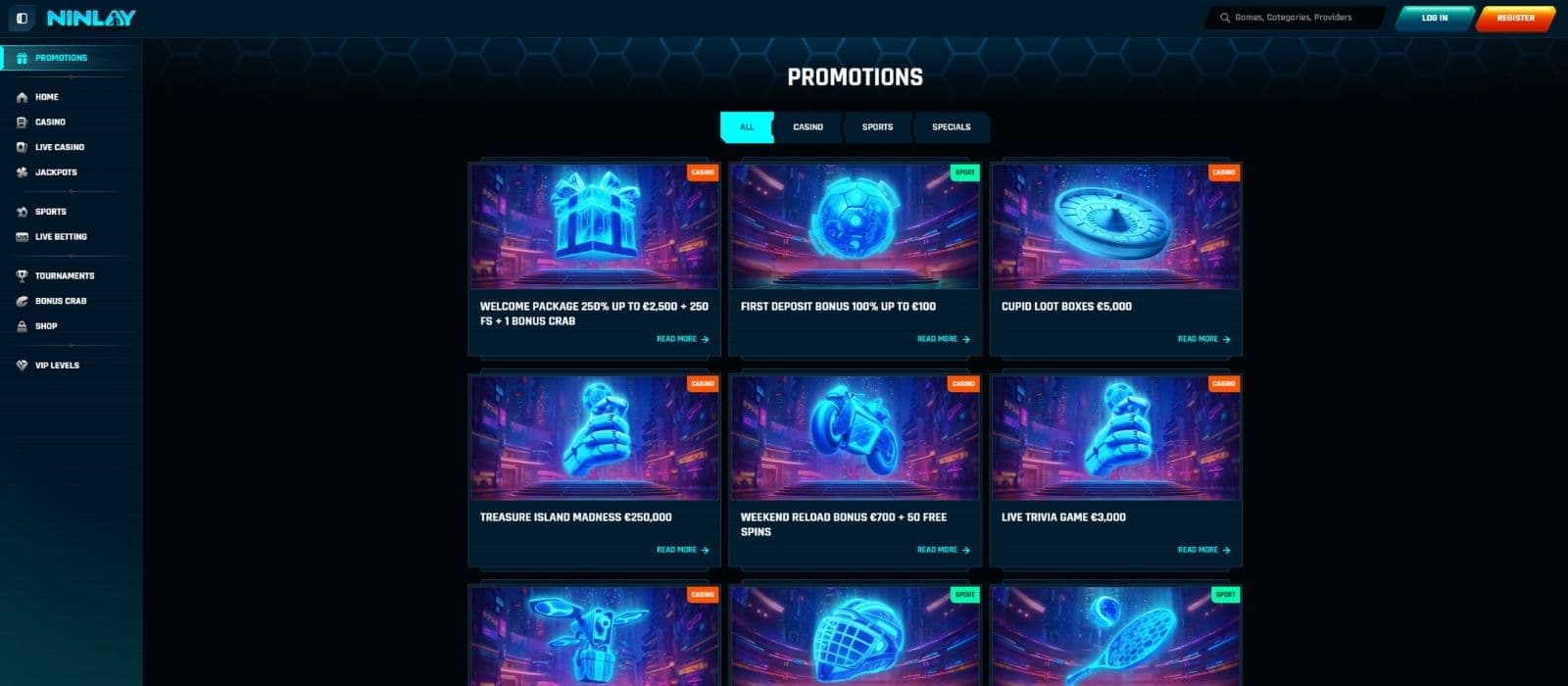 Ninlay Casino promotions page with the different welcome bonuses and other promotions visible