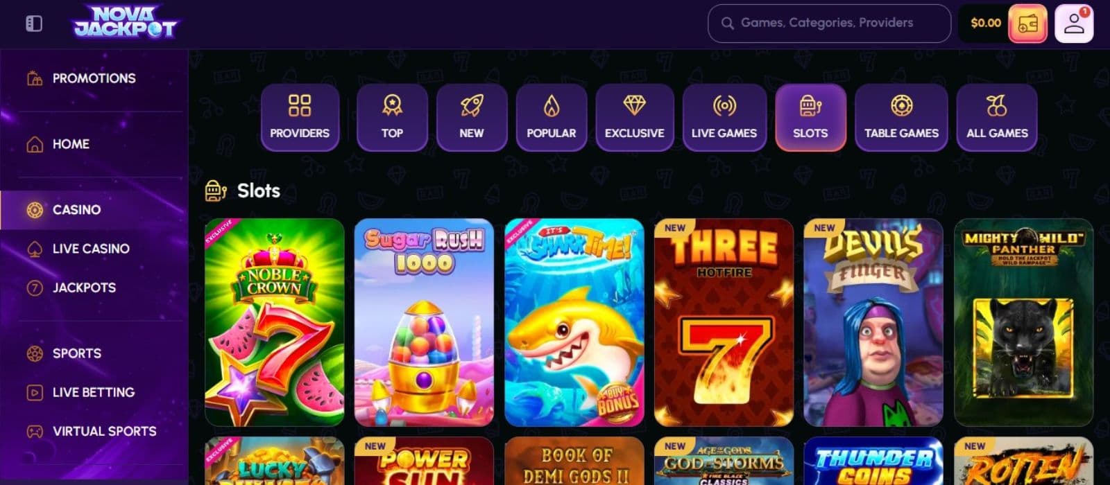 NovaJackpot Casino's slot games category, showing impressive titles like Sugar Rush 1000 and other exciting games.