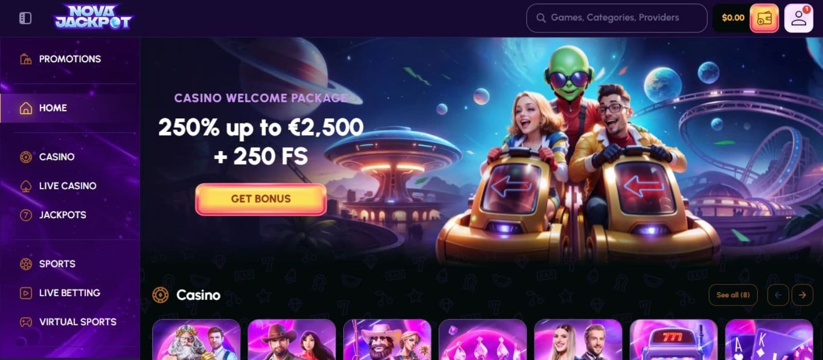 NovaJackpot Casino's homepage, showing the welcome bonus, some game avatars, and a sidebar menu.