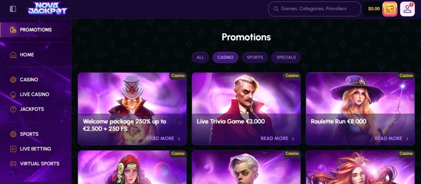 NovaJackpot Casino's promotions page, showing the welcome package worth up to €2,500 plus 200 free spins and other bonuses.