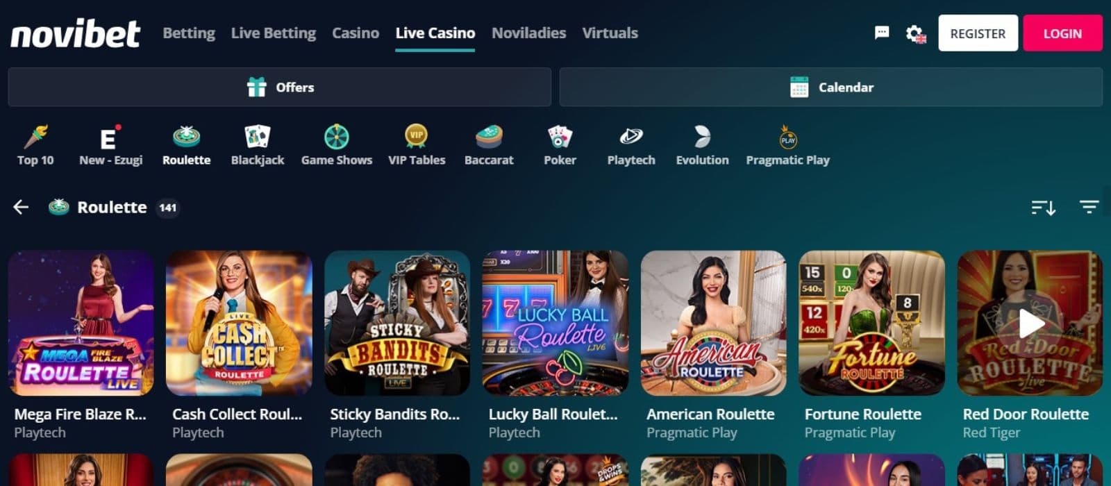 Novibet Casino's live games section, showing variations of roulette.