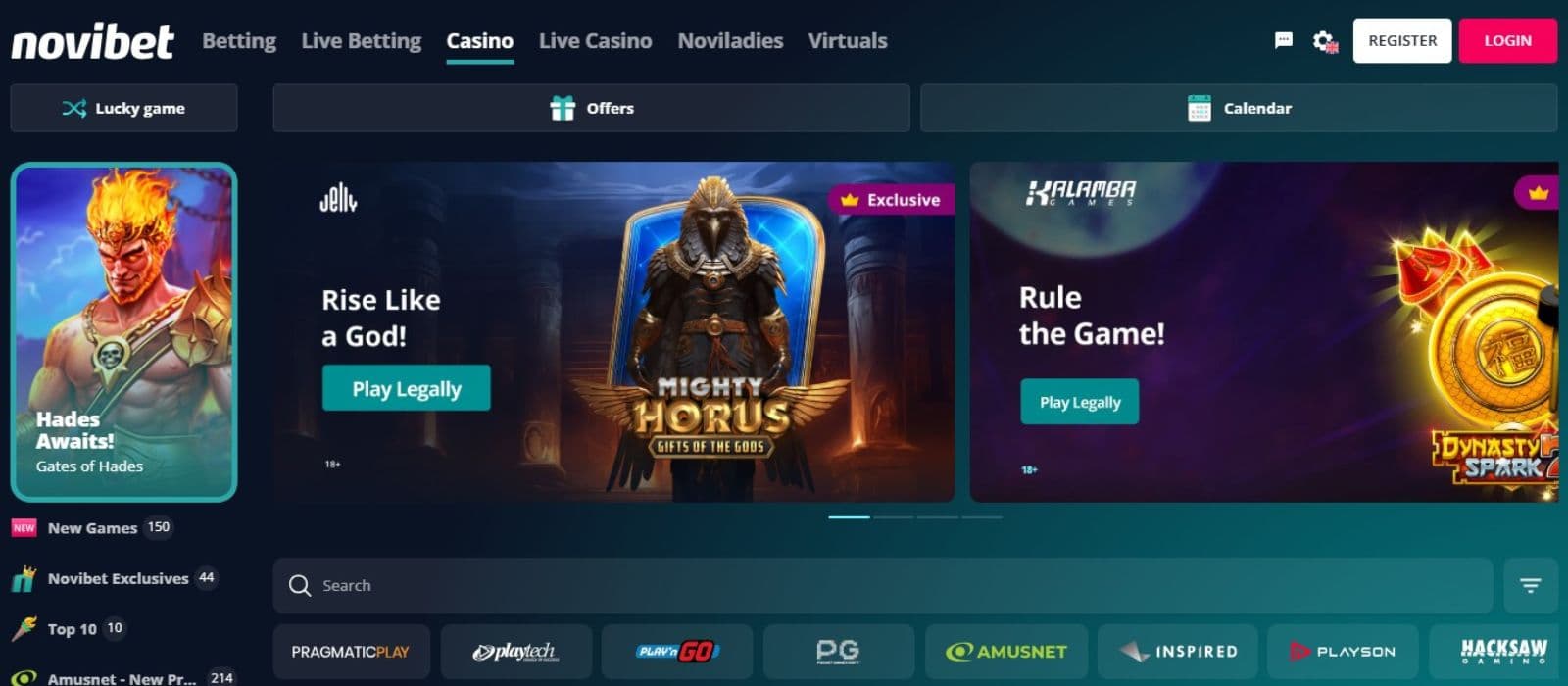 Novibet Casino's homepage, showing the new game banners and a horizontal menu.