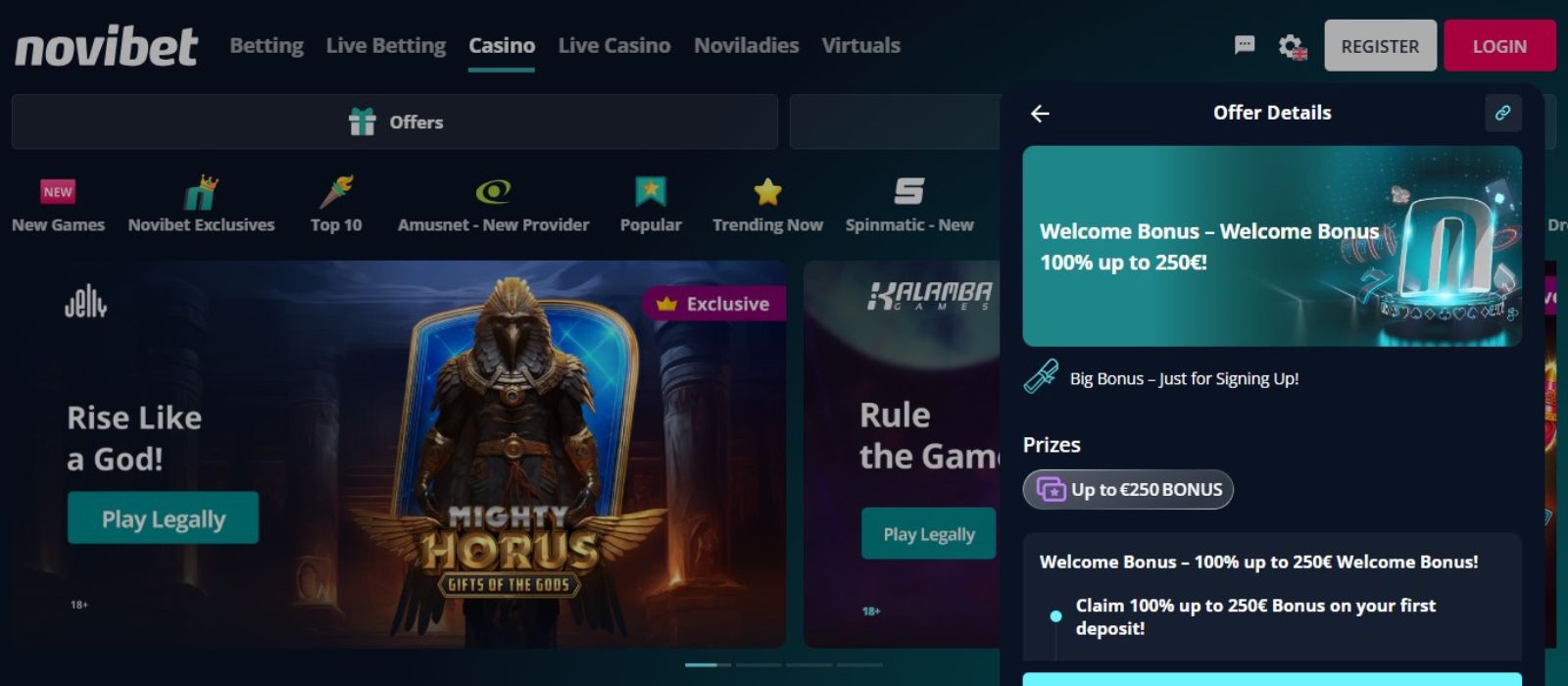 Novibet Casino's promotions page, showing the welcome reward worth a 100% bonus of up to €250.