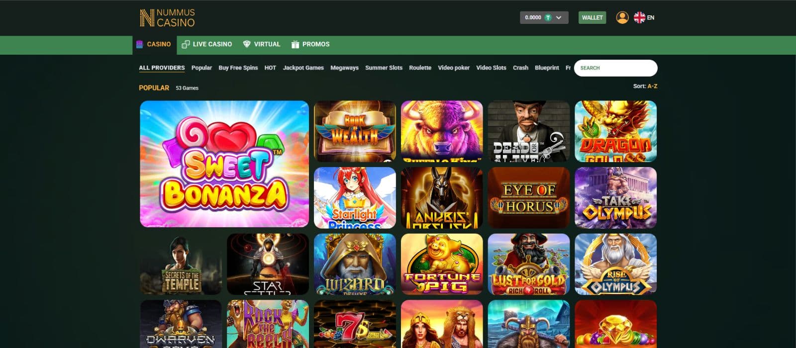 Nummus Casino Games Page showing a selection of different slots 