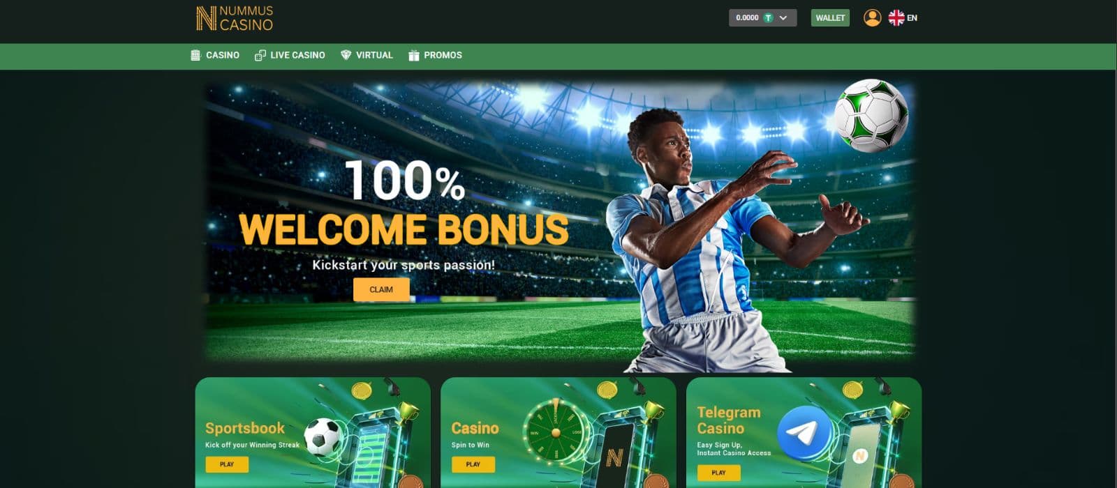 Nummus Casino landing page showing the welcome bonus banner and different game categories