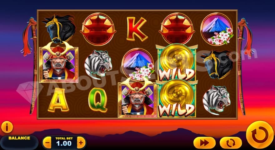 Base game where you can see two samurai symbols on the reels.