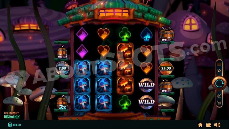 A landscape with mushroom houses and a grid containing 4 reels and 5 rows. 