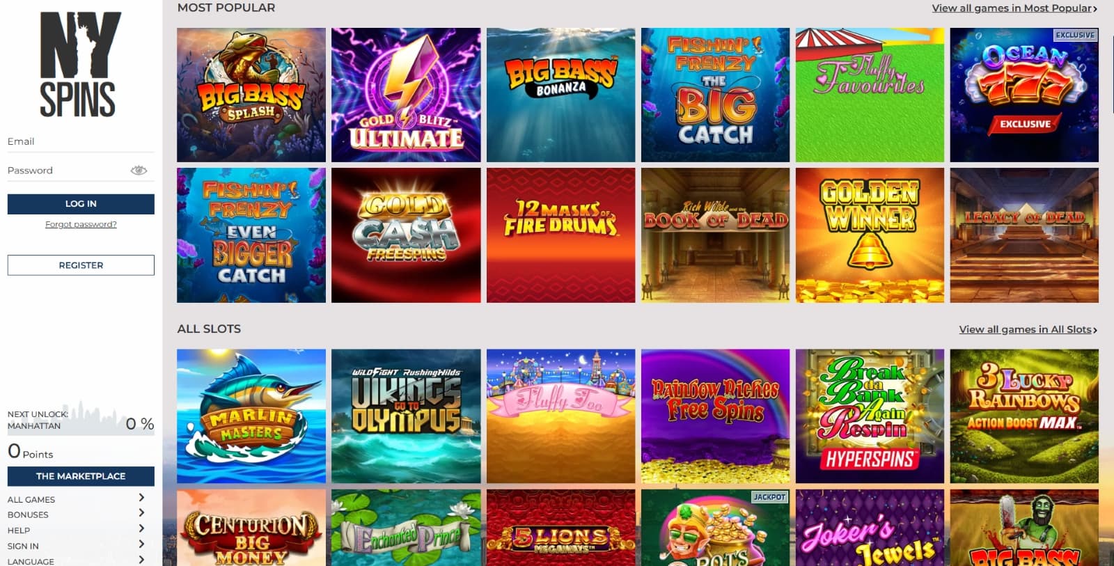 NYspins casino games page with most popular slot titles featuring Big Bass Series and Gold Blitz