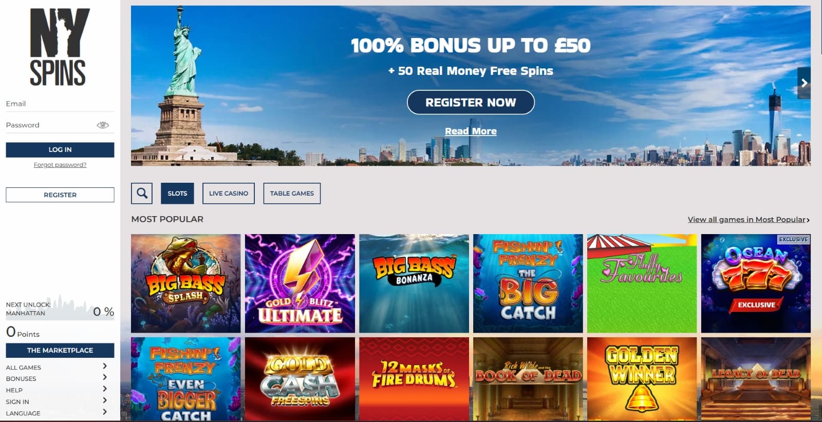 NYspins Casino landing page with welcome bonus over New York city skyline banner