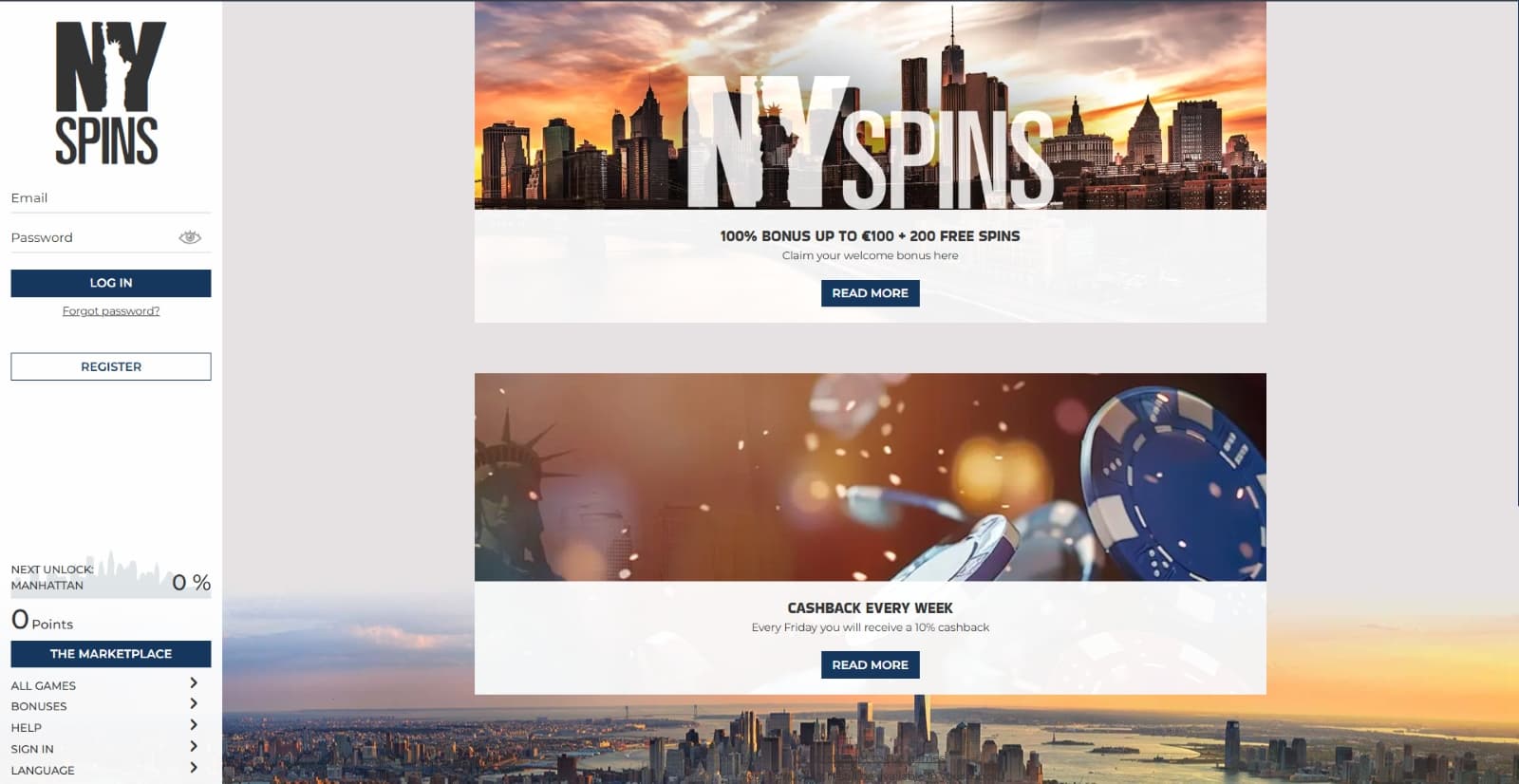 NYspins casino promotions page with welcome bonus and weekly cashback over New York images