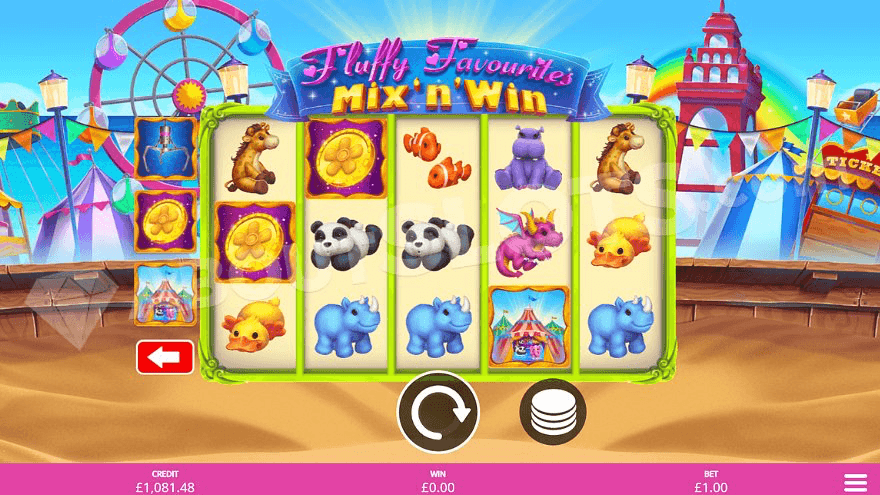 Grid of Fluffy Favorites Mix n Win slot with spinning reels and an animated amusement park in the background.