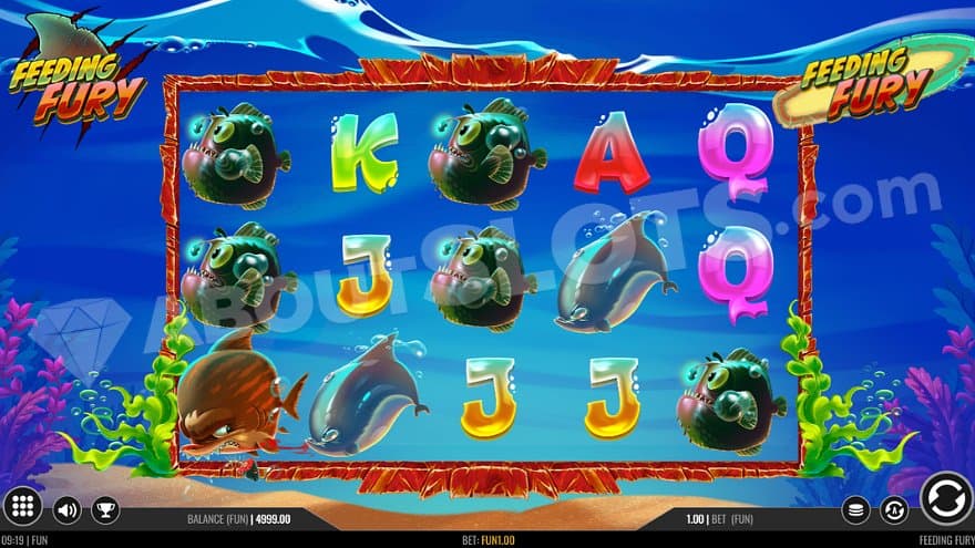 An underwater environment with five reels of symbols.