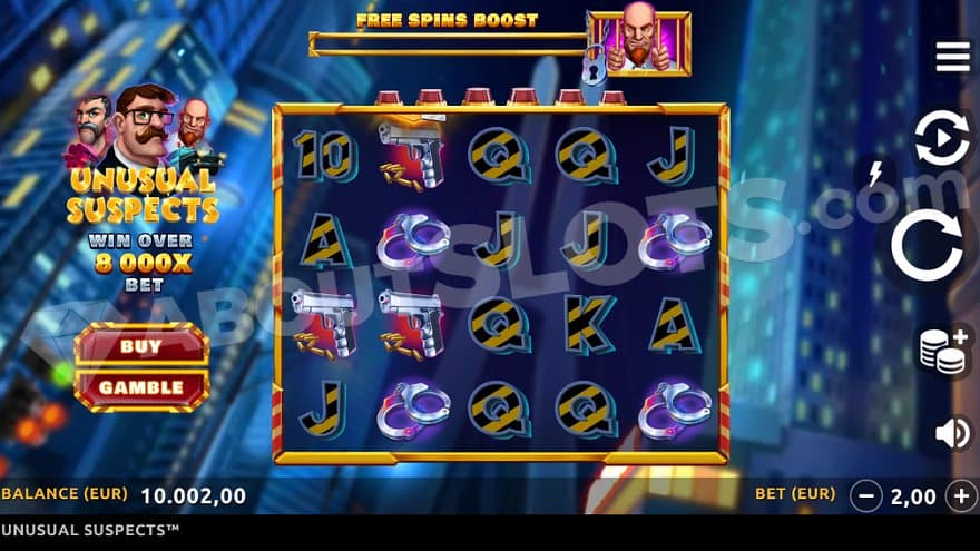 Five slot reels with guns, handcuffs, and royal symbols.