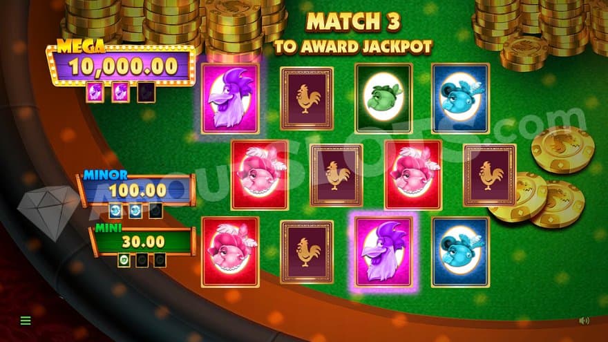 Twelve playing card on a table with 8 of them turned over, showing one of the four Jackpots.