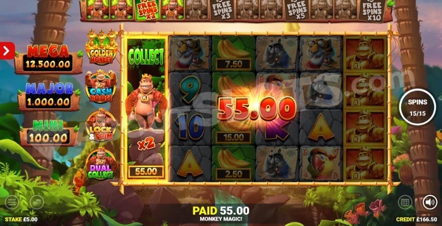 Free Spins bonus game with a collect symbol on reel one.
