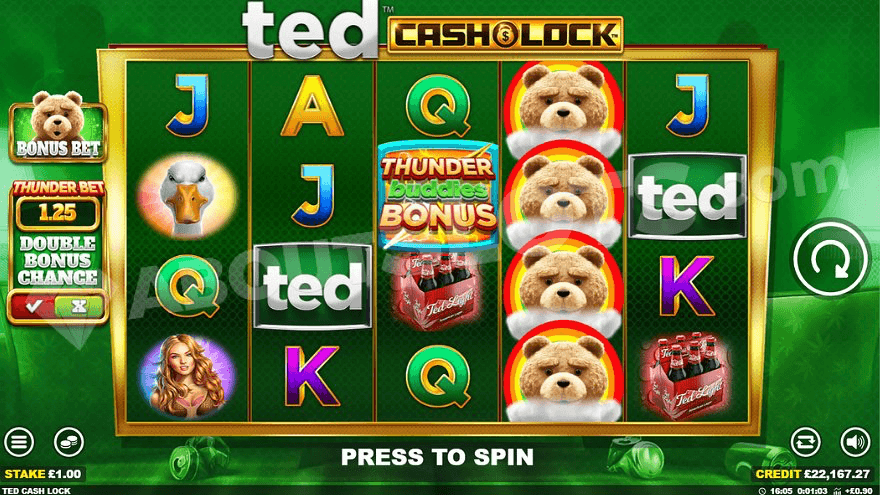 Grid of Ted Cash Lock slot with spinning reels and a bright green background.