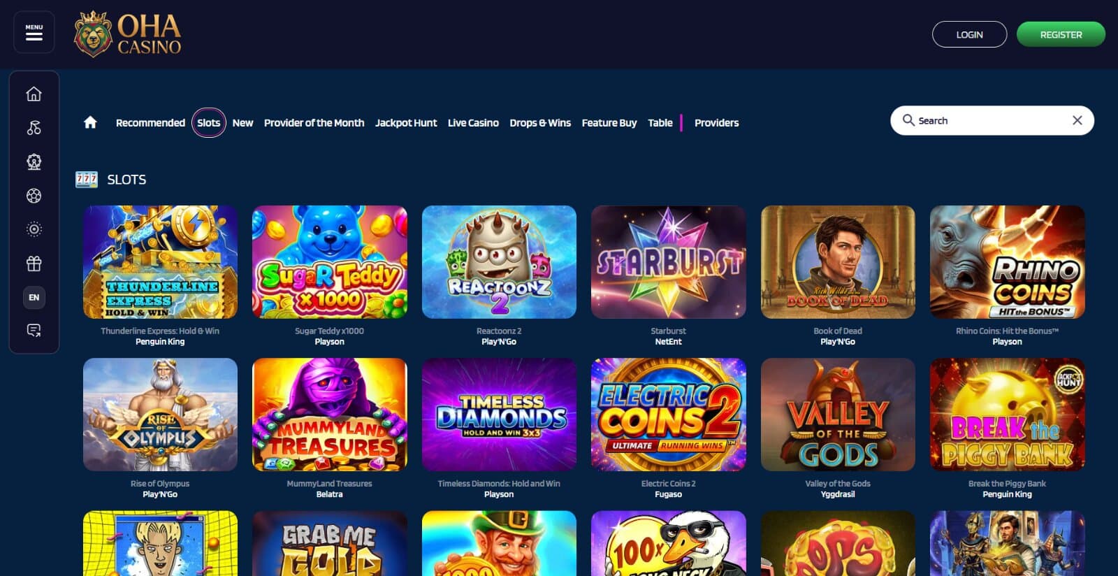 OhaCasino's game page featuring slot game icons under main category tabs, search box and side menu