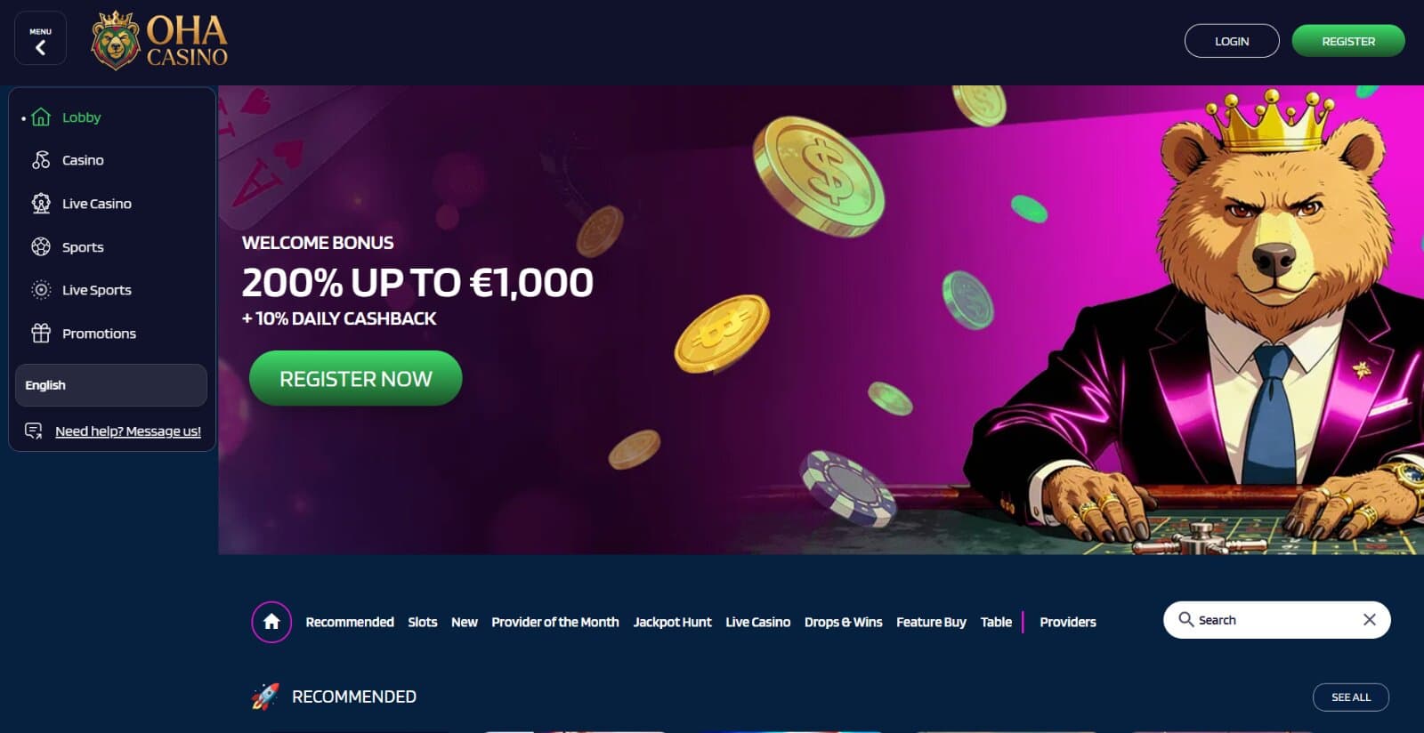 OhaCasino's landing page featuring the 200% welcome match bonus of 1000 eur with bear image, above main lobby categories and featured slots