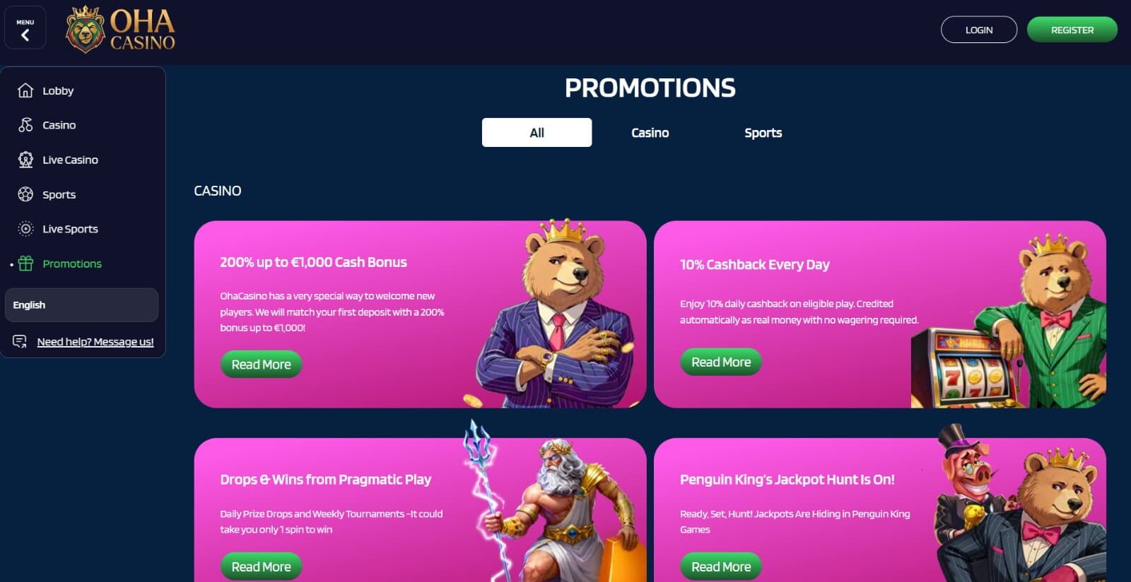 OhaCasino's promotions page with the welcome offer, cashback and network tournaments alongside banners with bear mascot