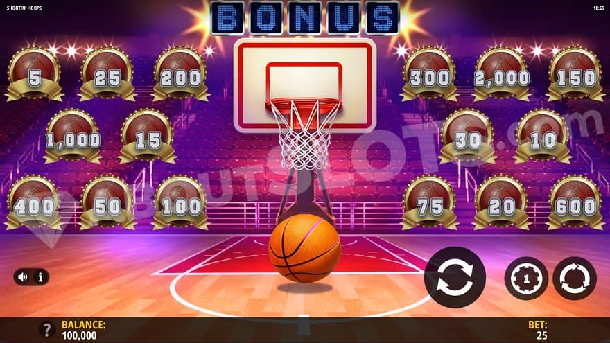 A basketball court with cash value balls to the sides.
