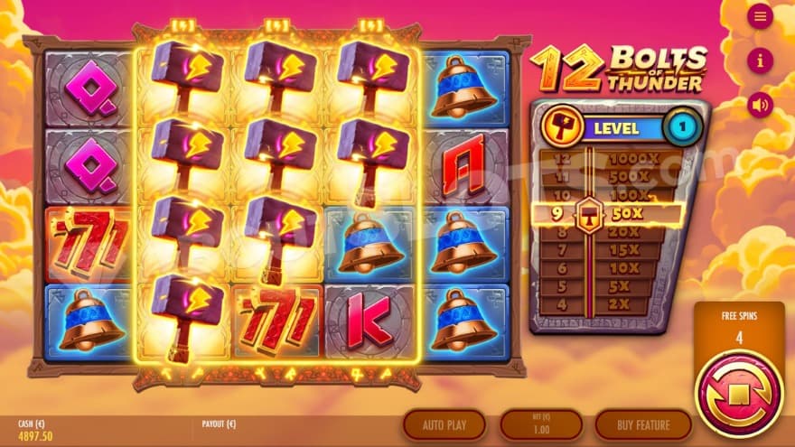 Bonus game feature with nine hammer symbols on the reels giving a 50X win.