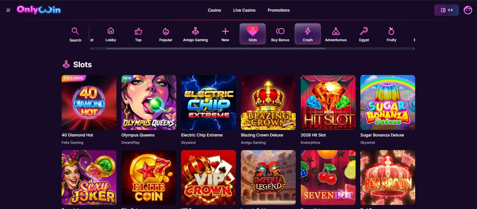 OnlyWin Casino games page featuring the slot and table game icons under main category tabs and search filters