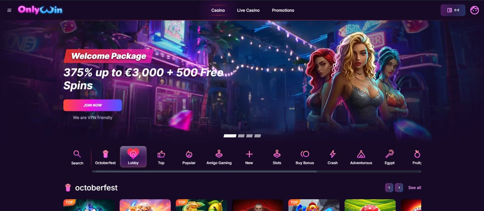 OnlyWin Casino landing page with welcome package banner with three women, lobby game tabs, and Octoberfest game section