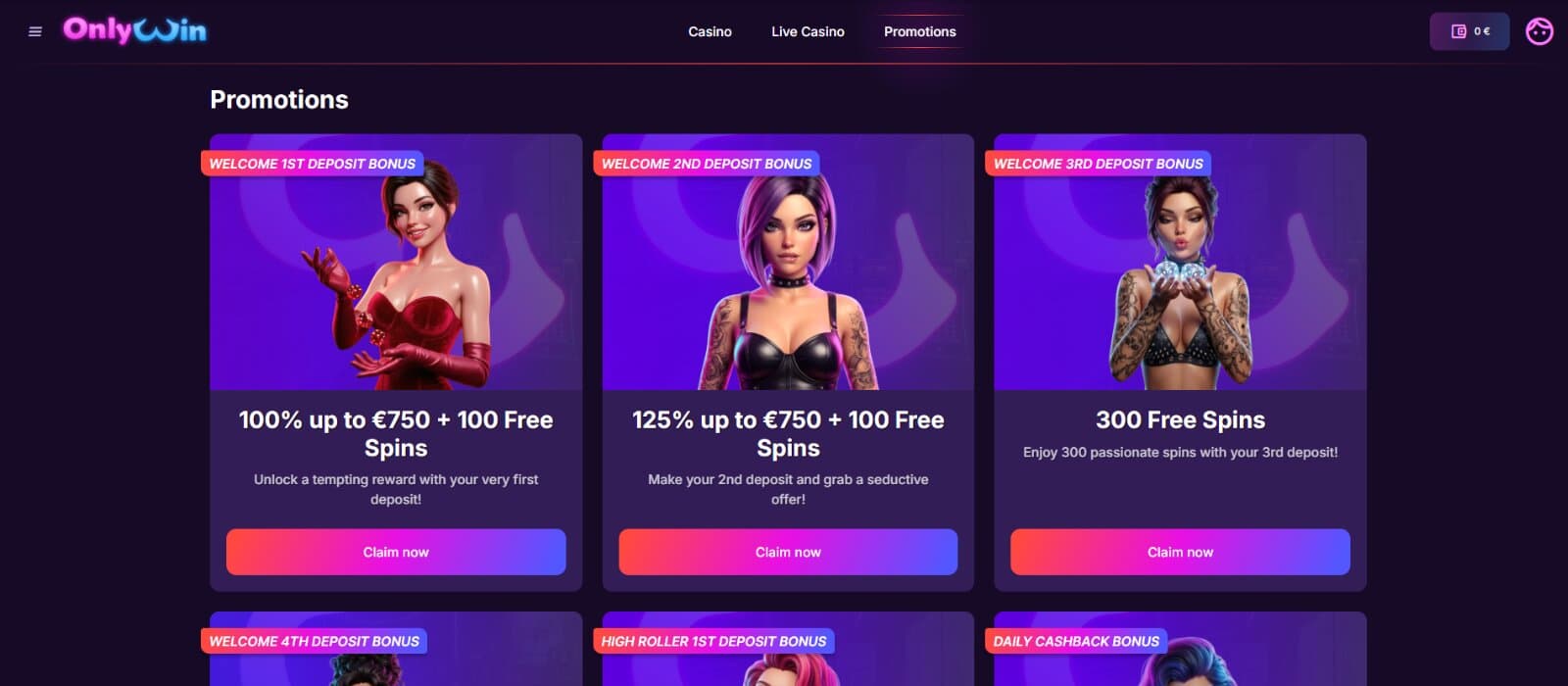 OnlyWin Casino promotions page featuring the welcome bonus stage, cashback offers, and weekly reload bonuses