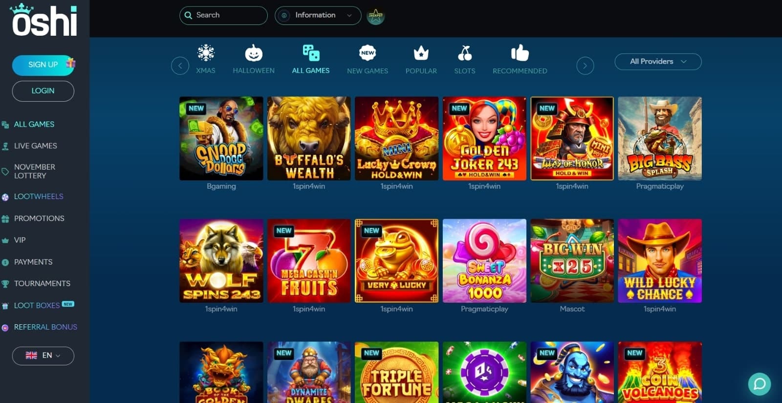 Oshi Casino's games page with slot game icons featuring Triple Fortune and Snoop Dogg Sollars and left side navigational menu