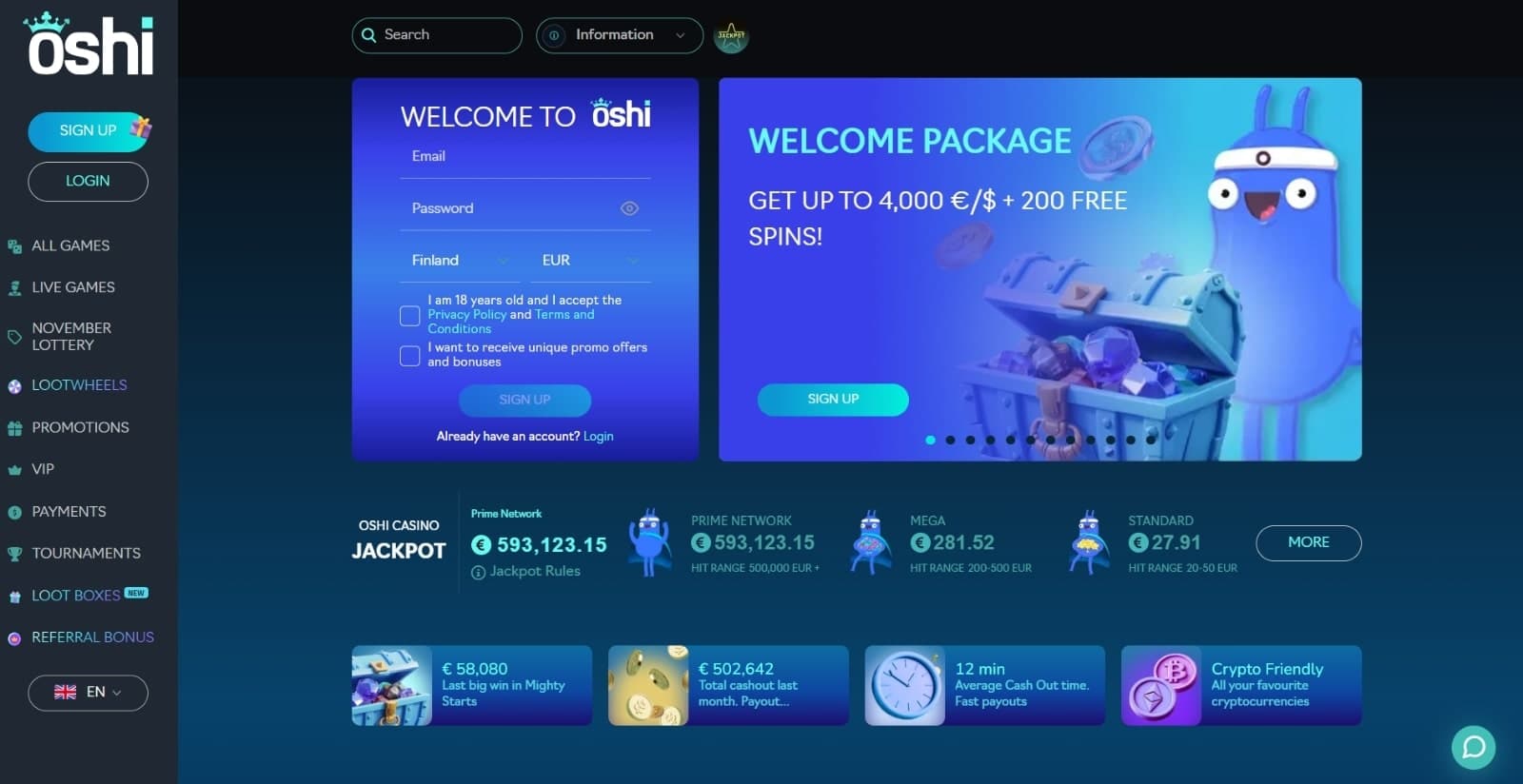 Oshi Casino landing page with the welcome package banner, its blue mascot and sign up box with left side navigation menus